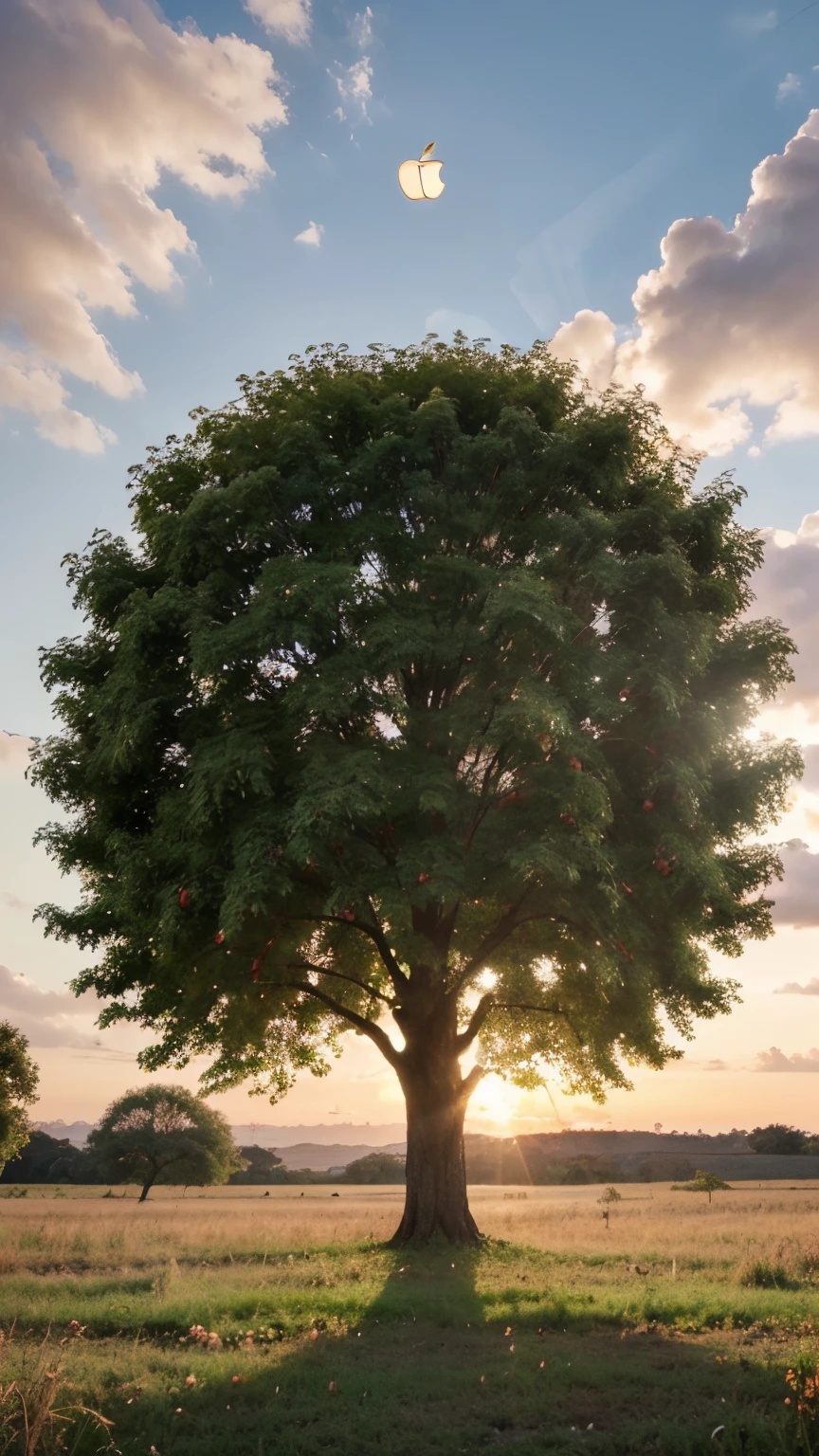 there is a lonely tree with apples growing in the middle of a plain, apple tree, summer morning light, nature trees, magic tree, a beautiful tree, magic tree, breath - taking beautiful trees, breath-taking beautiful trees, rich tree, lindamente iluminado, sunset light, apple trees, beautiful trees, tree and plants, bela luz de fundo natural, conte de fadas, anime, illustration, Tree alone, a single tree, show full tree