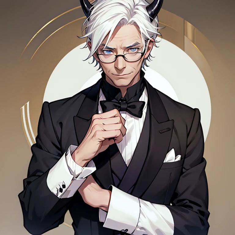 Hyperdetailed older man butler with 2 horn, white hair,Kind Face Hyperdetailed clothes, black butler uniform, thin eyeglasses, Soft lighting, studio background