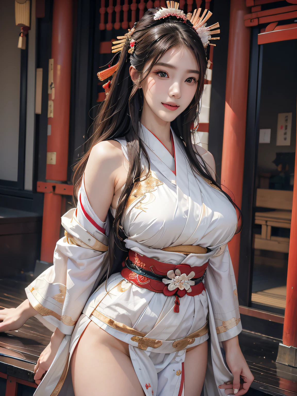 Japanese mechanical geisha, beautiful image, (highly detailed face 1.6), (detailed legs 1.2), (detailed feet 1.2), hourglass body, traditional geisha outfit, lingerie, dark anime, rain, neon, darkness, highly detailed, maximalist, science fiction, dystopia, cinematic, official art, masterpiece, sharp focus, (beautiful gorgeous cute woman:1.3), japanese beauty, Delicate and beautiful hair and eyes and face, realistic, ultra detailed, beautiful girl, Lovely very large breasts and very large hips, smile with teeth, ((smile with eyes, open both eyes)), scenery, long straight hair, sexy facial expression, building, (traditional japanese cityscape:1.7), dynamic hair, long straight hair, white long socks, pale skin, hair ornament, epic scenery,