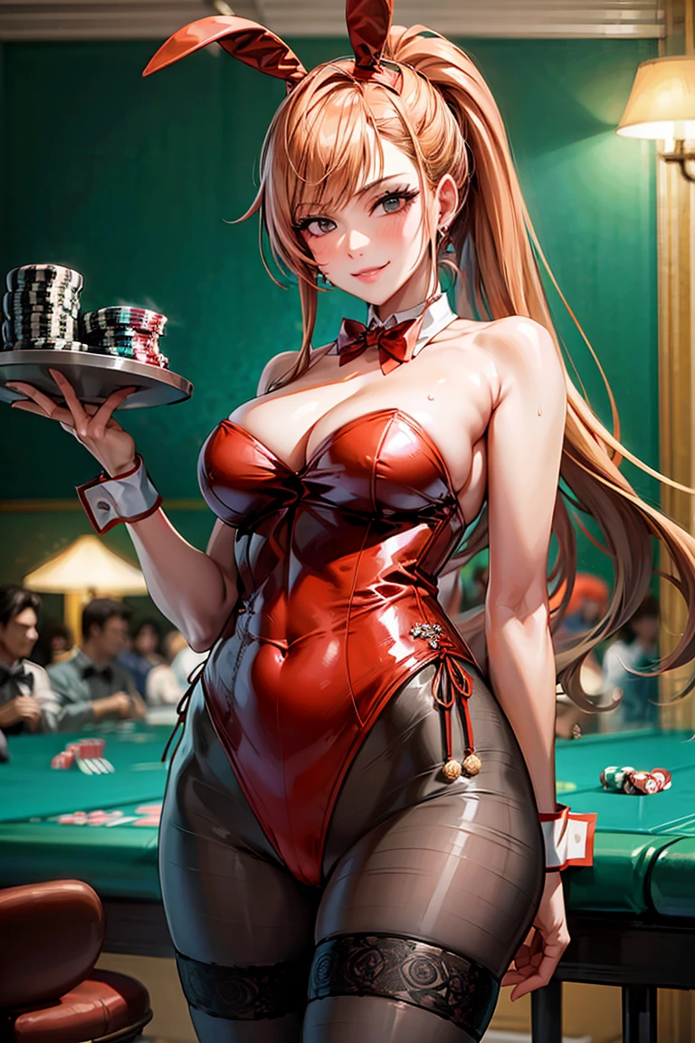 (shoujo-style:1.2), masterpiece, best quality, arisugawa natusha, 1girl, solo, (holding tray), standing, casino table, smile, bangs, breasts, thighs, casino, indoors, smirk, smug, long hair, orange hair, looking at viewer, ponytail, fake animal ears, playboy bunny, red leotard, strapless, wrist cuffs, red bowtie, pantyhose, fishnets, closed mouth,