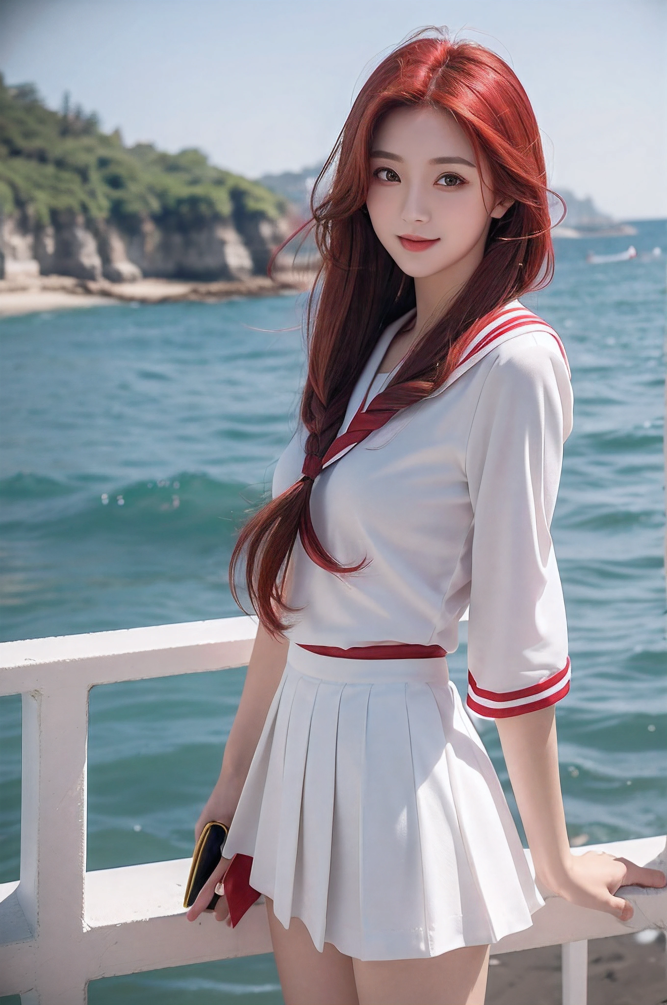 girl with、Wine red hair、yellow  eyes、Beautie、Mature、length hair、校服、sea side、ssmile、top-quality、White and gray sailor suit、、a miniskirt、Red ribbons、Hair is flowing、