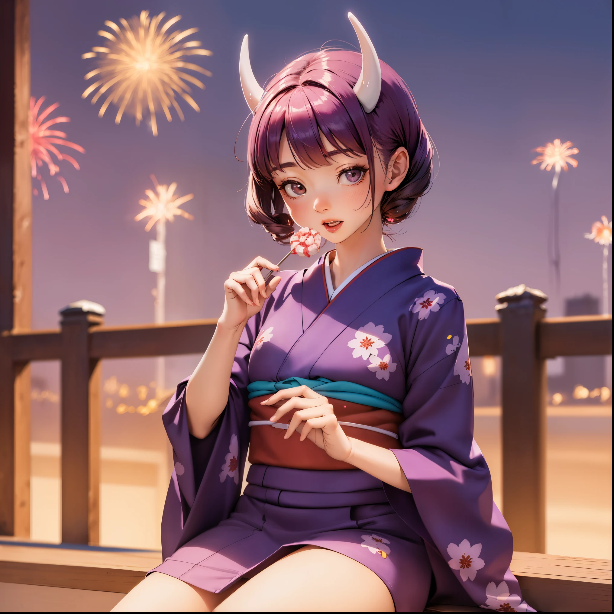 (masterpiece, best quality:1.2), (1girl, solo), 12years old, upper body, (purple kimono, purple eyes), cherry red hair, milky white demon horns, smile, (eating candy, holding candy stick), Japanese ancient capital, (night sky, fireworks)