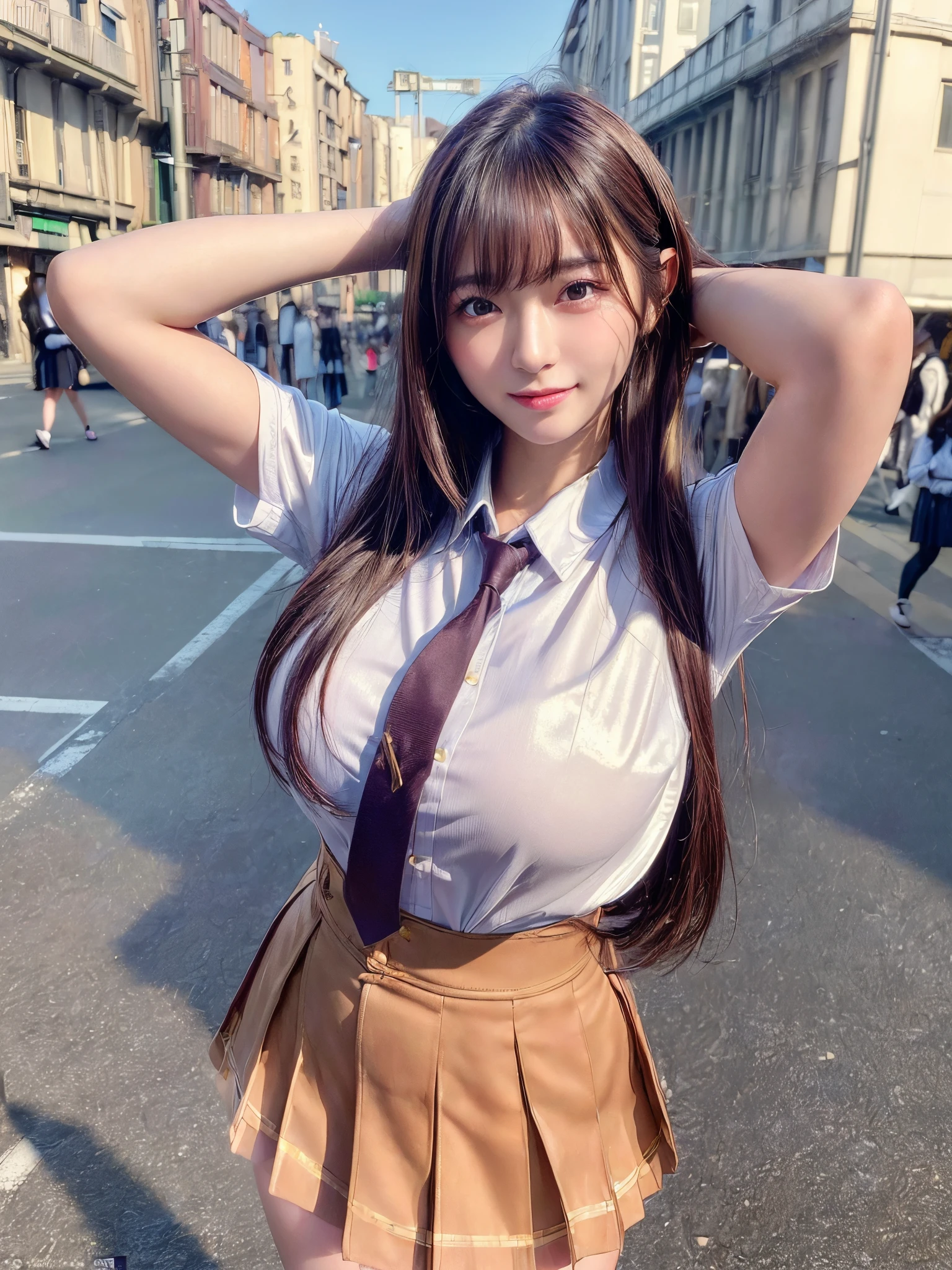 (masterpiece,best quality:1.4),(8k,raw photo,photo realistic:1.2),shiny skin,detailed skin,detailed face,detailed eyes,Japanese idol,beautiful cute face,1Japanese girl,perfect female body,large breasts,smile,long brown bob hair,(school uniform:1.3),looking at viewer,(arms up,crowded city streets:1.3),cowboy shot