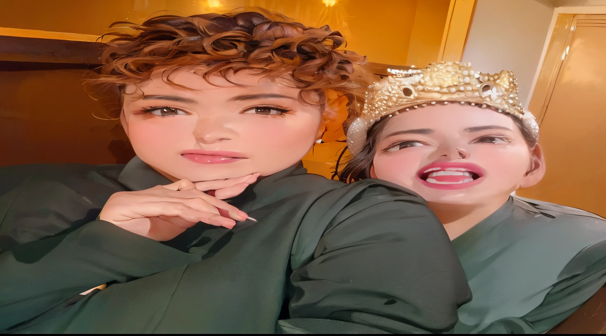 there are two women that are posing for a picture together, modeling for dulce and gabanna, profile image, funny faces, moroccan queens ny, photoshoot, annoying sister vibes, with crown, with towers, photo shoot, by Amelia Peláez, with professional makeup, youtube thumbnail, with a crown, crowns, photo session, wearing a crown and suit, makeup