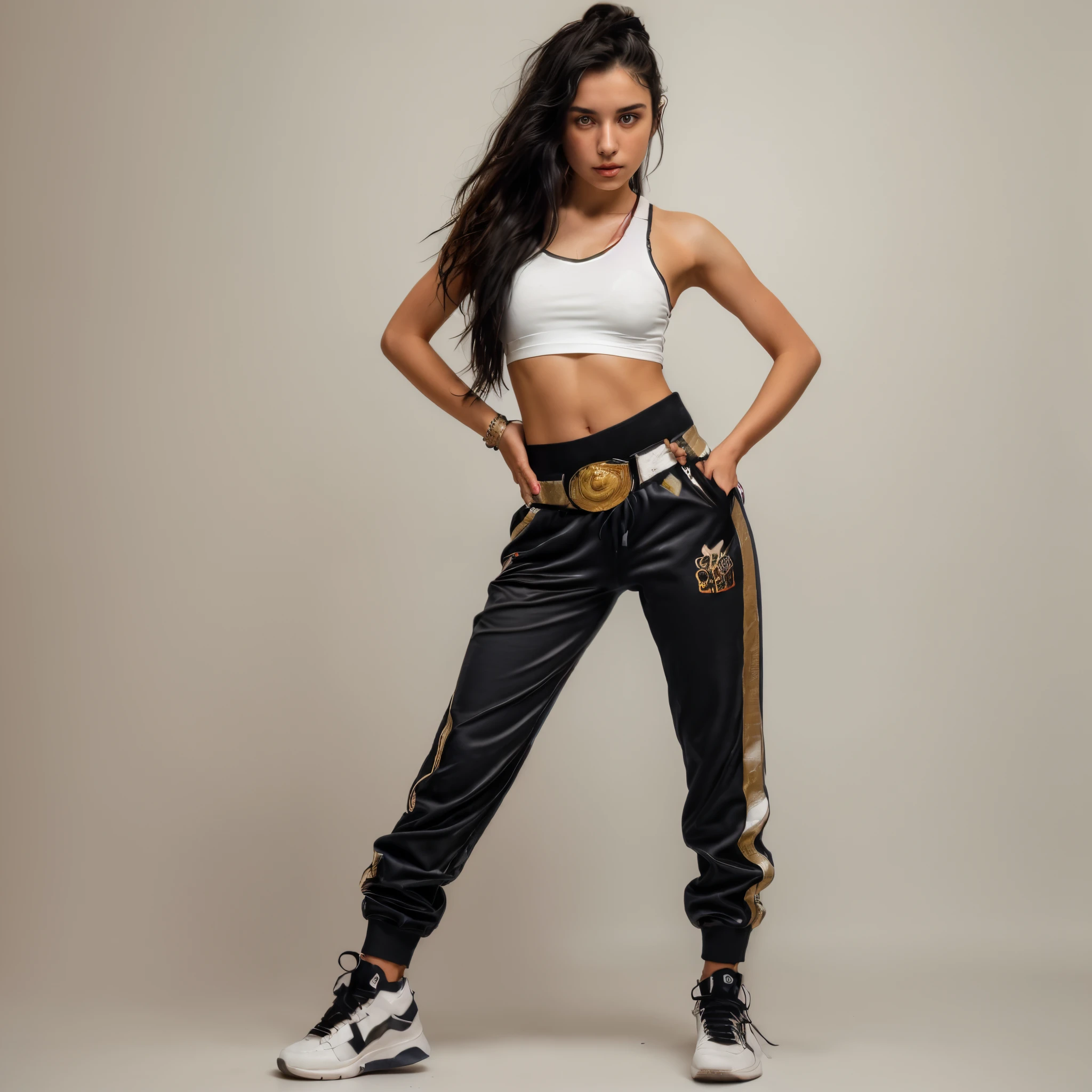 Beautiful 20-year-old Spanish woman with a powerful torso., long black hair in black sweatpants, white top and white sneakers looks straight into the camera and starts dancing, realistic full-length photo on a uniform light background