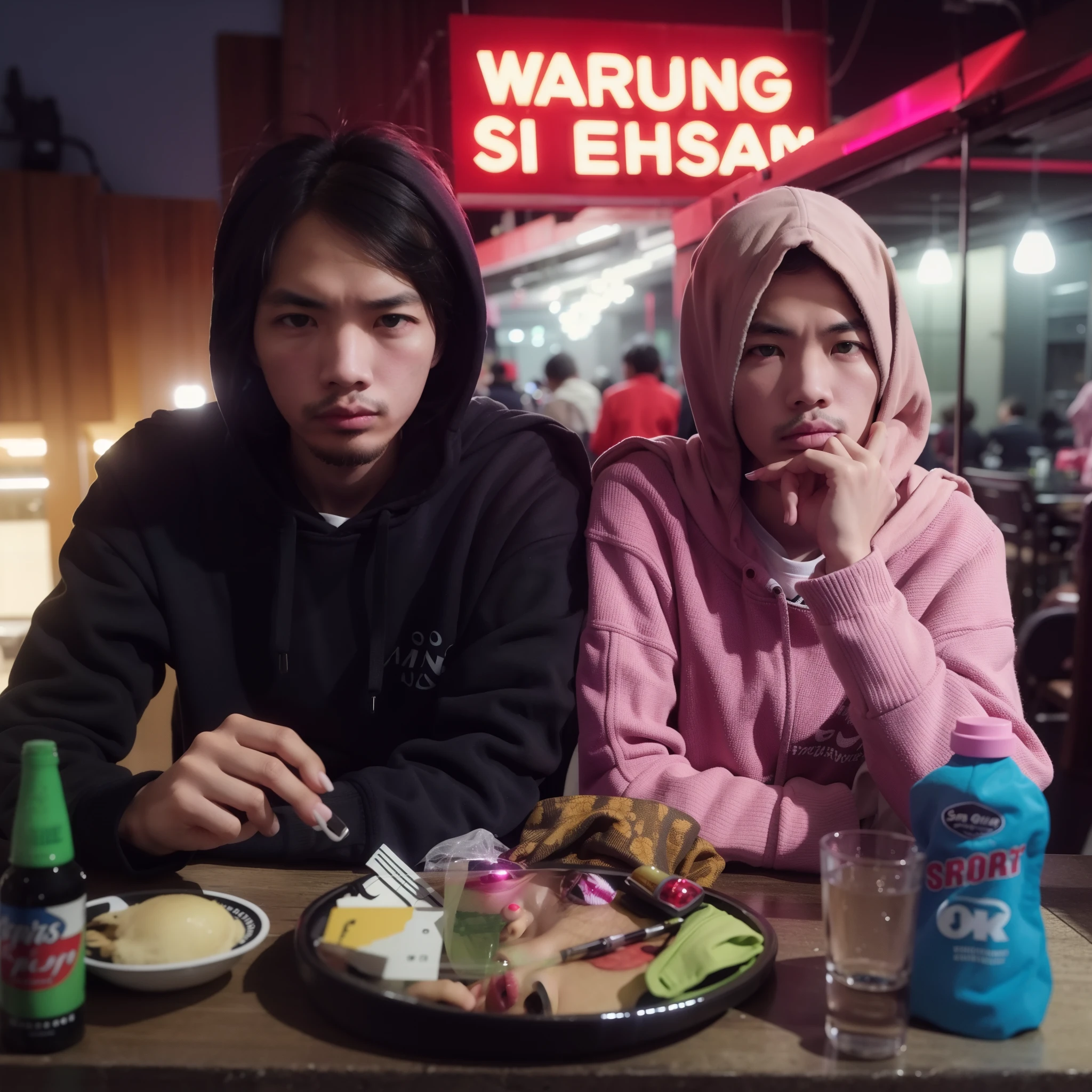 Sanx ,man, wearing jacket with hoody, short hair, black nail polish, glazed eyes, glare expression