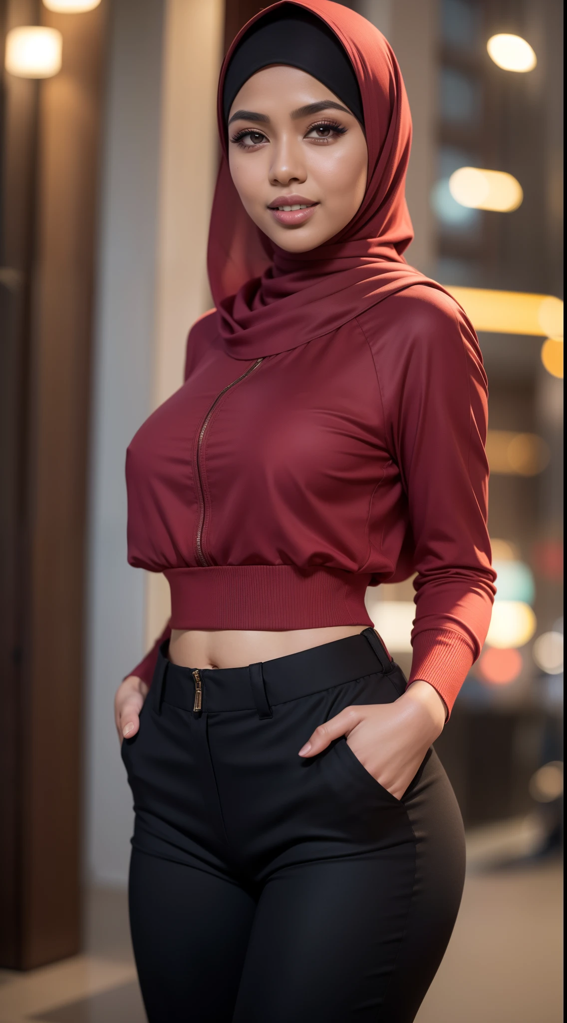 RAW, Best quality, high resolution, masterpiece: 1.3), beautiful Malay woman in hijab (iu:0.8),Malay girl in hijab ,beautifull face, big eyes, glossy lips, wearing big long switer and high waisted trousers, standing, wearing back backpack, front view, skin detail, skin texture detail, mole under the eye, big breasts, big hips, big waist, big thighs, beautiful body, night, laugh, happy, bright lighting, blurred background, bokeh,