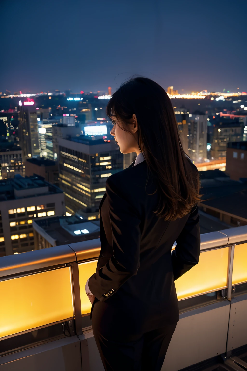 Back view of a girl wearing a suit on the rooftop，bustling city lights，Photorealistic photography，banners