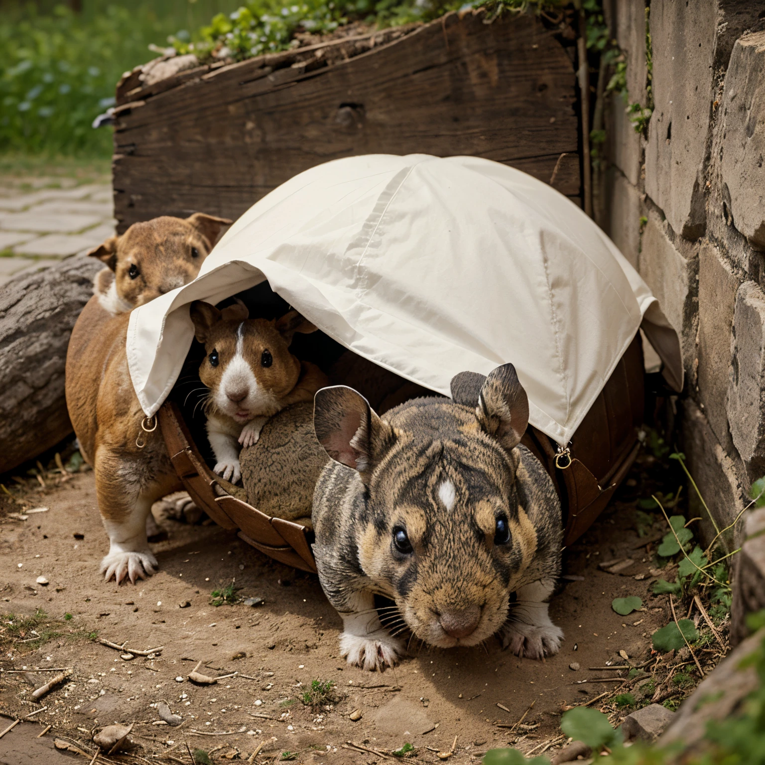 3 Meerschweinchen, 1 kleiner Hund, 3 Degus, A turtle, 1 Mann, 1 Frau
