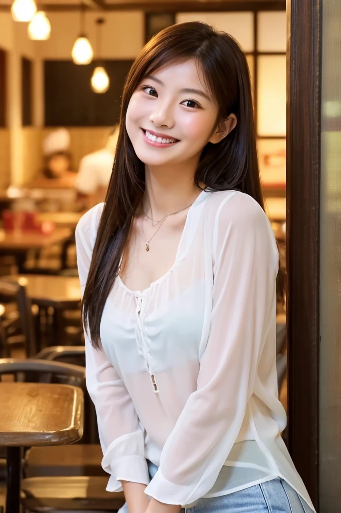 Top image quality、​masterpiece、beautiful japanese female、25-years old、Face Up、Inside the restaurant、a smile、Raw photo、plain white see-through blouse、chest、A sexy