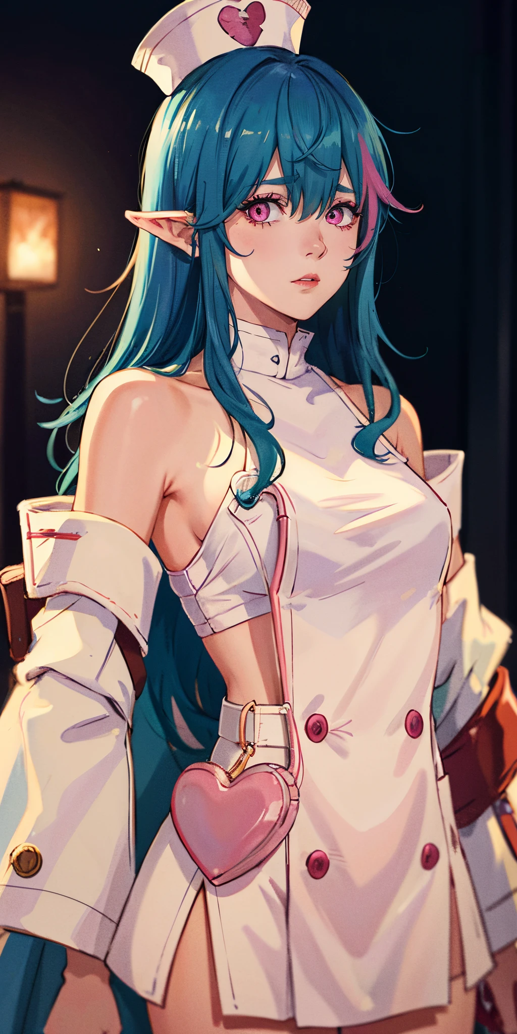 ((big breasts)), 1girl, solo, long hair, looking at viewer, smile, hat, hair between eyes, very long hair, blue hair, multicolored hair, upper body, pink hair, heart, detached sleeves, pointy ears, artist name, pink eyes, streaked hair, nurse cap, nurse, (masterpiece,best quality:1.5), "Photorealistic, Hyperrealistic, Hyperdetailed, analog style, soft lighting, subsurface scattering, realistic, heavy shadow, masterpiece, best quality, ultra realistic, 8k, golden ratio, Intricate, High Detail, film photography, soft focus"