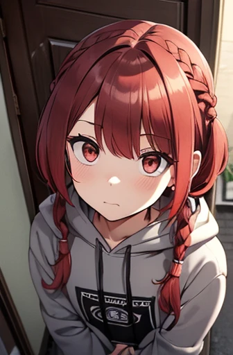 full body Esbian, fluffy red hair, Red hair,Fishing eyes, (((Braided shorthair))), ((asymmetrical length pigtails)), ((Keep your hair down)), Slightly red tide,Gold eyes, Staring at me, Smile with a kind face, dark apartment late at night,Brown boots,((In front of the front door of an old apartment)),aisle,((In front of the entrance)),((Gray hoodie)),swollen face,A face that looks like it's turned away,(((close up of face))),((Perspective from above)),