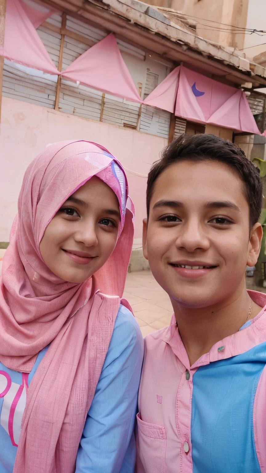A cute girl wearing pink dress and pink hijab,a boy wearing nevi blue shirt taking selfie with her,smiling and shining face,realistic face,8k
