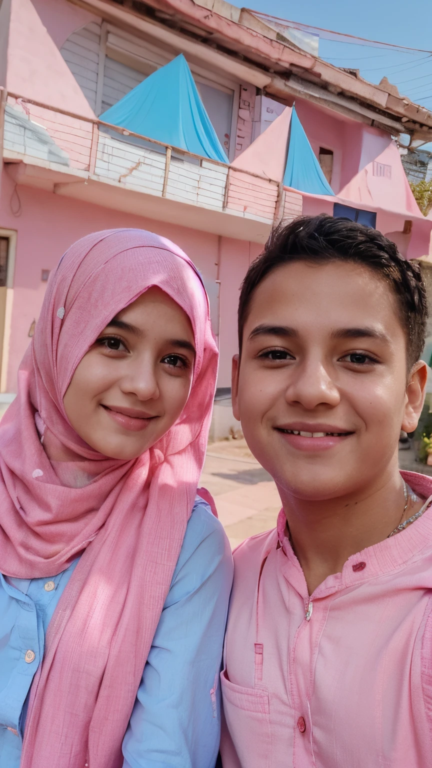 A cute girl wearing pink dress and pink hijab,a boy wearing nevi blue shirt taking selfie with her,smiling and shining face,realistic face,8k