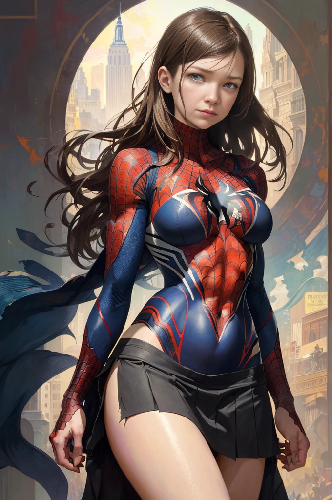 Jennifer Garner、Sticking out the navel、newyork、She wears a torn Spider-Man suit,wearing skirt、abstract photorealistic、artistic、Alphonse Mucha's painting(masterpiece、top-quality、hight resolution:1.4)、detaileds、intricate-detail、4K、color splashes、line-drawing、Fibonacci、