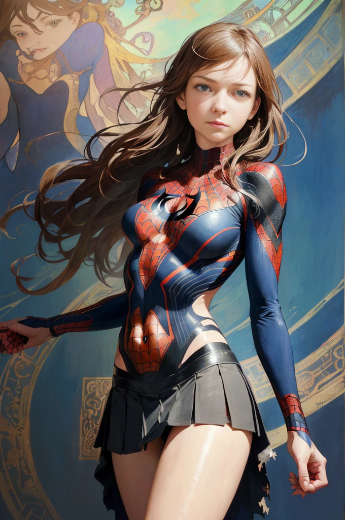 Anna Torv、Sticking out the navel、newyork、She wears a torn Spider-Man suit,wearing skirt、abstract photorealistic、artistic、Alphonse Mucha's painting(masterpiece、top-quality、hight resolution:1.4)、detaileds、intricate-detail、4K、color splashes、line-drawing、Fibonacci、