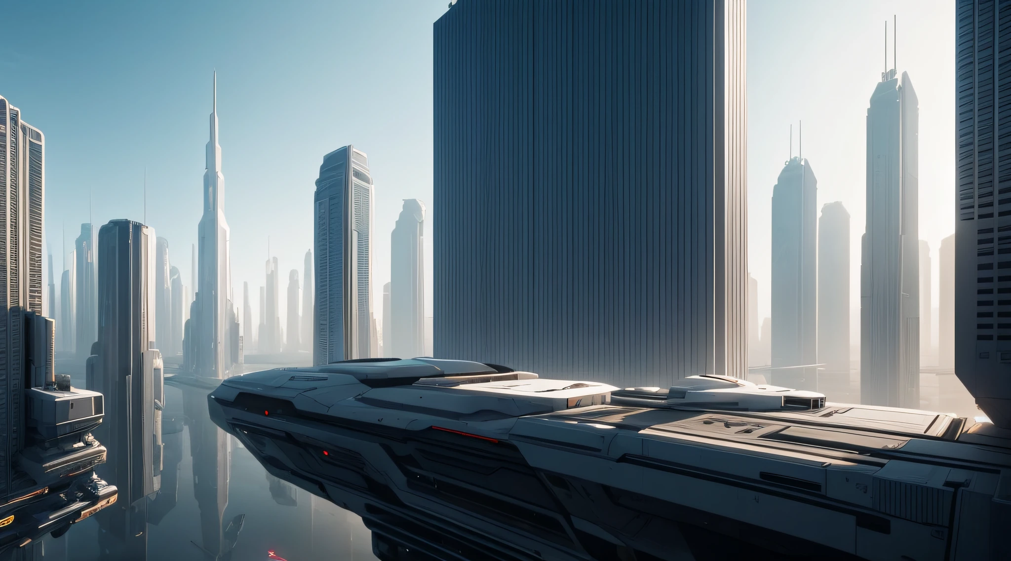 white colors,simple,Tech style,Lots of space,scifi environment,rear-shot,Many high-rise buildings