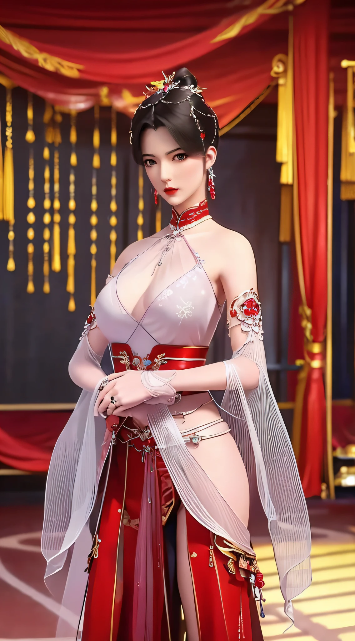 1girl,Elise,Relax,(Wearing Chinese cheongsam:1.4),(In the bridal chamber), (standing,sexy model pose:1.2),jewelry,grace,(((red-lips))), slightly parted lips, lewd smile,  clavicle,(huge breasts),Charming cleavage,((8k, RAW photos, top quality, masterpieces), high-definition RAW color photos professional close-up photos, (realistic, photorealism: 1.37), (highest quality), (best shadows),  ((erotic, sexy, ultra high resolution, high-definition CG unified 8K wallpapers, physically based rendering, movie lighting),solo,