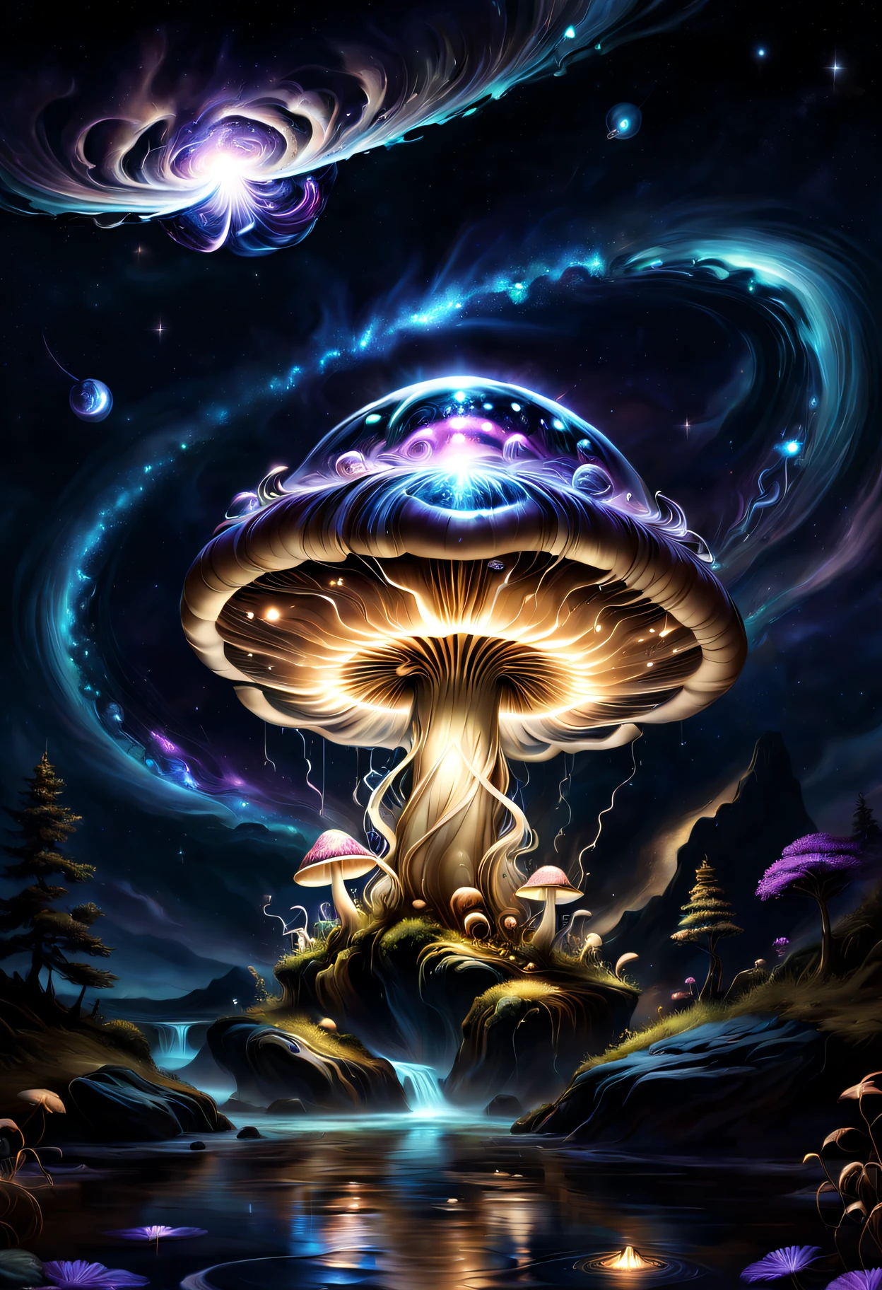 Glowing transparent mushrooms floating in space，The huge glowing transparent mushroom in the middle，Planets as background，with a river running through it, Marble style, Dark navy and light brown glow, Heather Serrell, Glow airbrush art style, Dark Beige and Indigo Glow, ZBrush, swirles, historical imagery, dreamlike realism, tumblewave,Earth with a river in the background, otherworldly painting style, swirles, reality transformation art, dark navy and light brown, air brush art, reality transformation art, Alejandro Jodorowsky, swirles, deep gold and indigo, multilayered realism, mind-bending murals