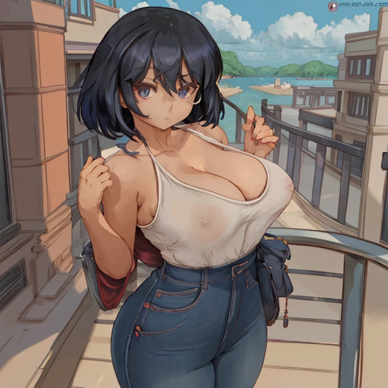 Woman, anime, cute, sexy, black hair, small breasts, standing, thick, full body, thicc