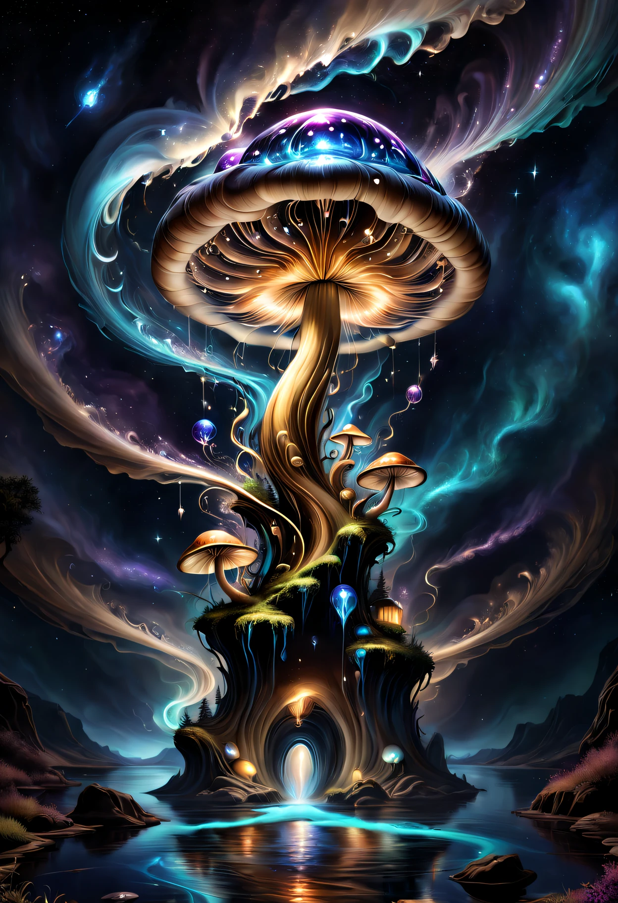 Glowing transparent mushrooms floating in space，The huge glowing transparent mushroom in the middle，Planets as background，with a river running through it, Marble style, Dark navy and light brown glow, Heather Serrell, Glow airbrush art style, Dark Beige and Indigo Glow, ZBrush, swirles, historical imagery, dreamlike realism, tumblewave,Earth with a river in the background, otherworldly painting style, swirles, reality transformation art, dark navy and light brown, air brush art, reality transformation art, Alejandro Jodorowsky, swirles, deep gold and indigo, multilayered realism, mind-bending murals