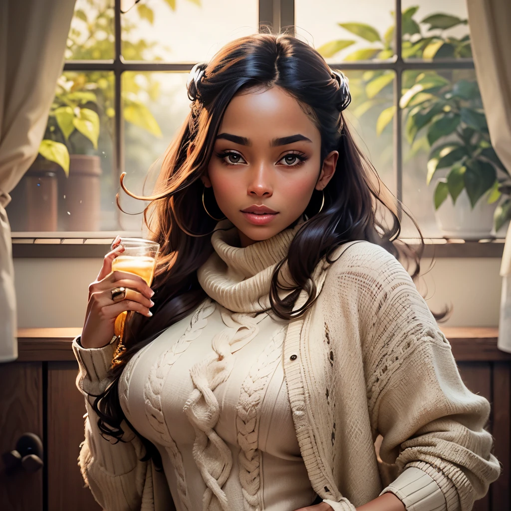 highest quality, best quality, Develop a visually striking image of a woman with brown skin wearing a micro sweater, Tan Khaki Caramel, subject: a dark brown skin Woman with small chest demure breasts, objective: (Capture natural glowing beauty under the light) creating a scene [with special emphasis on radiant luminous skin and massive buttocks] that conveys a feeling of freshness and vitality, attire: sweater shawl scarf --auto --s2