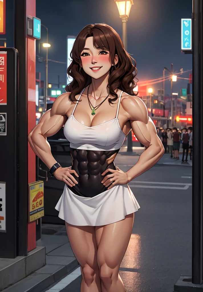 attractive korean woman, ripped muscle, muscular body, small breast, pale skin, smile(blush), sundress, thin necklace, sixpack abs, [ultra detailed skin:1.2], brown hair, wavy hair, 8k uhd, full body, crowd, public, night, standing, muscular legs, muscular arms,