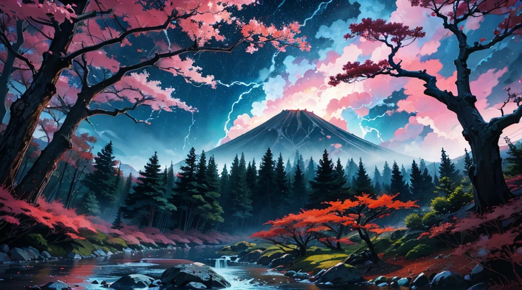 A colorful thunderstorm over Japanese maple forest.