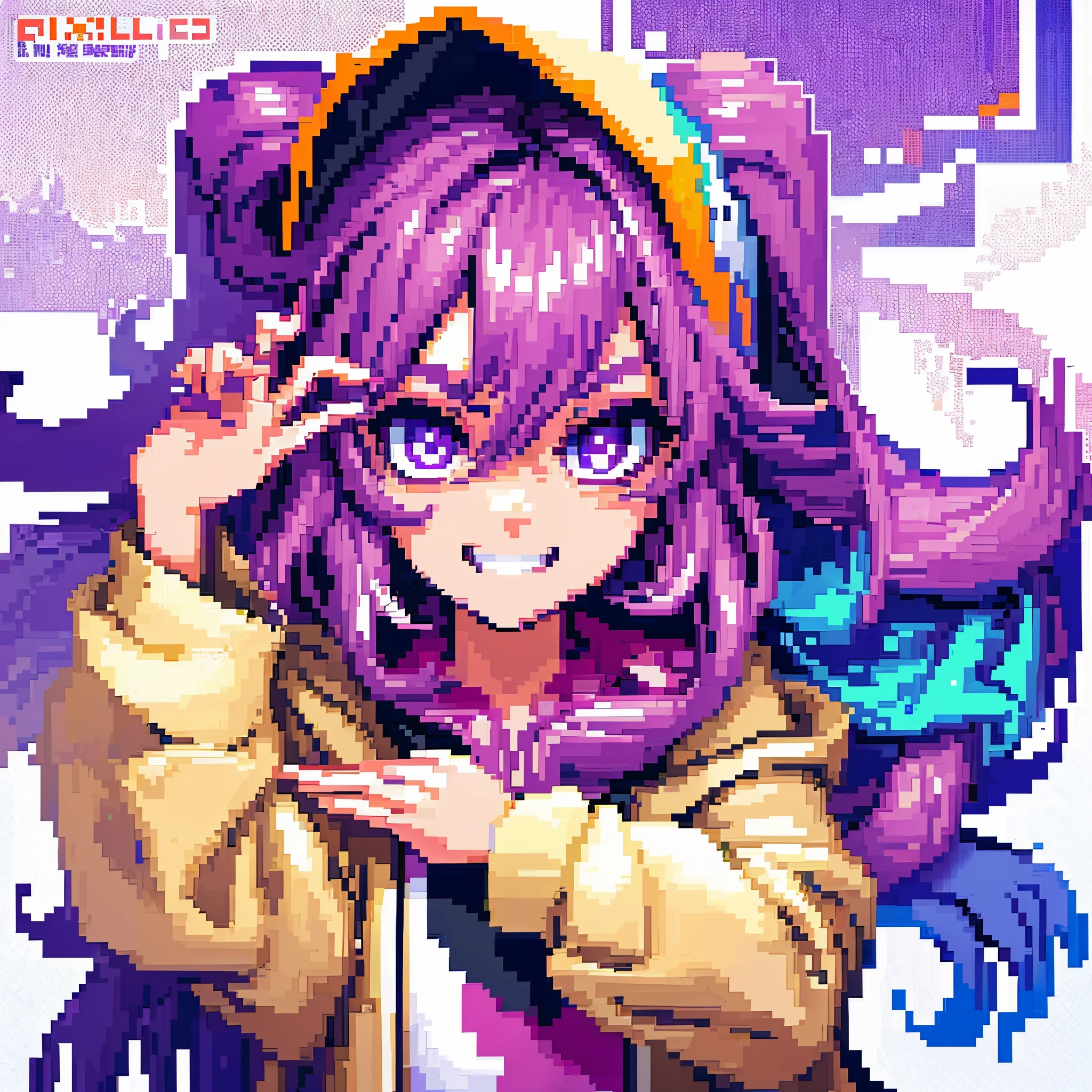 ((in pixel art style)), pixel, 8 bit, 1girl, close-up, face only, cream hair, purple hair, purple eyes, grin, loose hoodie, black hoodie, hood, big hair, wavy hair, very hair long, official pixel art, absurd resolution, looking at the viewer, solo focus, simple background, white background