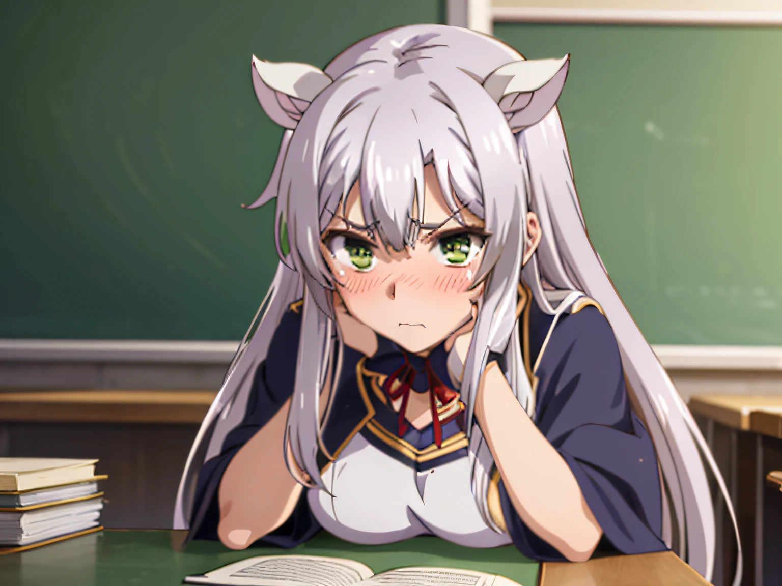 (super high resolution), 1girl, silver hair, green eyes, cat ears, solo, intensive blushes, watery eyes, jealous expression, grumble, classroom, staring at a boy with red hair