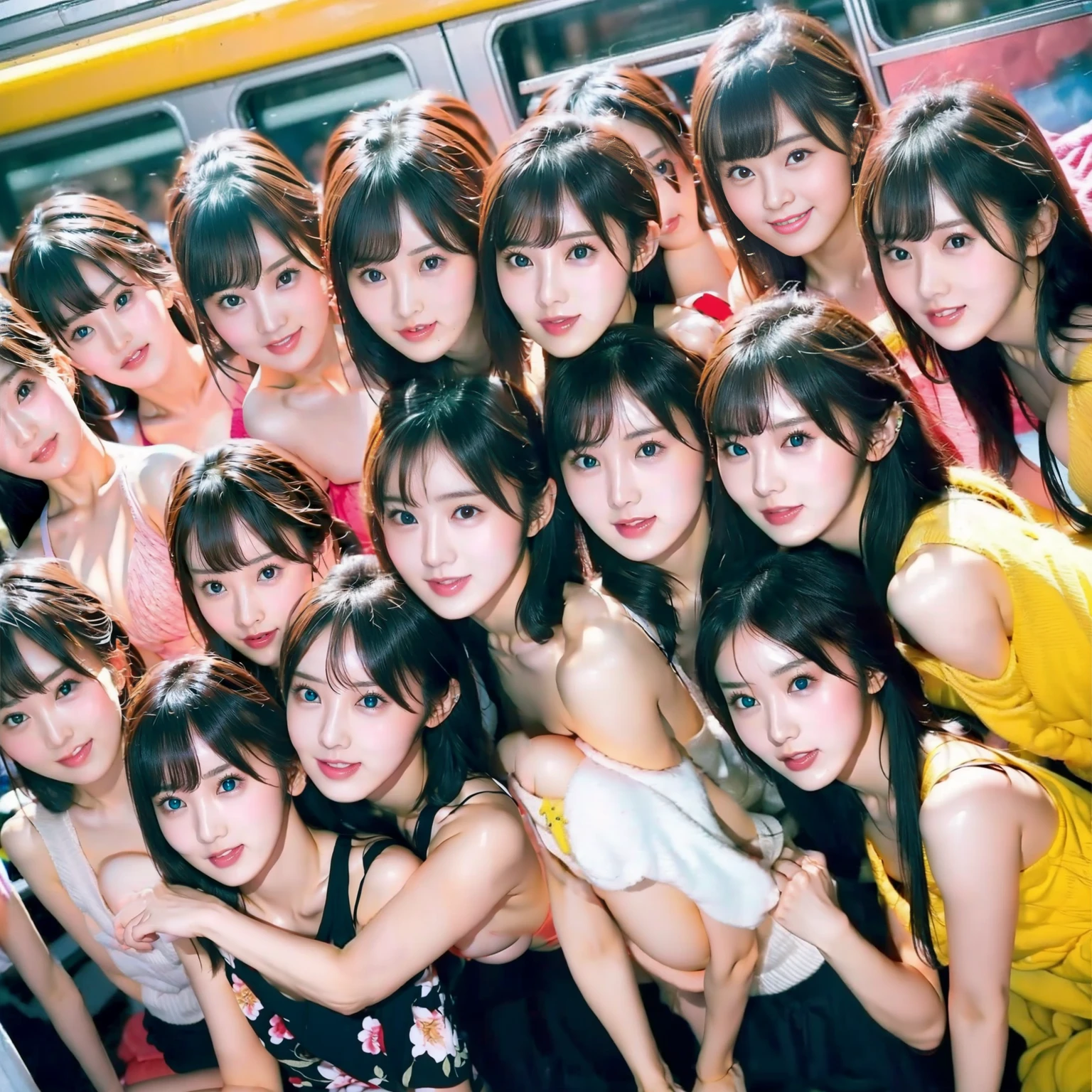 Raw photo、(((multiple girls))),((((6+girls)))),((((1000girls)))),(((10000girls)))、(((crowd shot))),((a baby face)),(((Adhesion)))、((Crammed))、((Packed))、elementary student、(Inside the crowded train)、(((6 years old)))、Women only、japanes、((Same height))、The same face、((A dark-haired)),Longhaire、1000 cute women hugging and loving each other、(((Large group)))、((chiquita))、sweating、joyous expression、A crowded train full of little girls