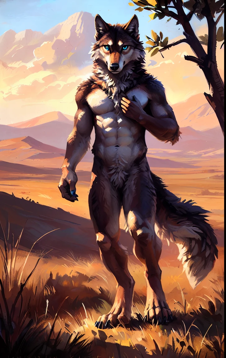 ((Solo)), male people, anthro wolf, (Multi-colored fur, White-brown:1.3,White tail pointed), (Height 2.1m,Tail length 1.5m), ((Wolf face, Big eyes, White eyelids, Blue pupil, Slim:1.2) (Tough, Calm expression:1.2)), Abs, Slim, pinging)), (Correct anatomy), Naked all over the body,A long big tail,Feet,(Realistic fur, Detailed fur texture, labeled:1.3)), (Natural lighting), Photorealistic, Hyperrealistic, ultradetailed, by Kenket,Endless grasslands,No artifacts