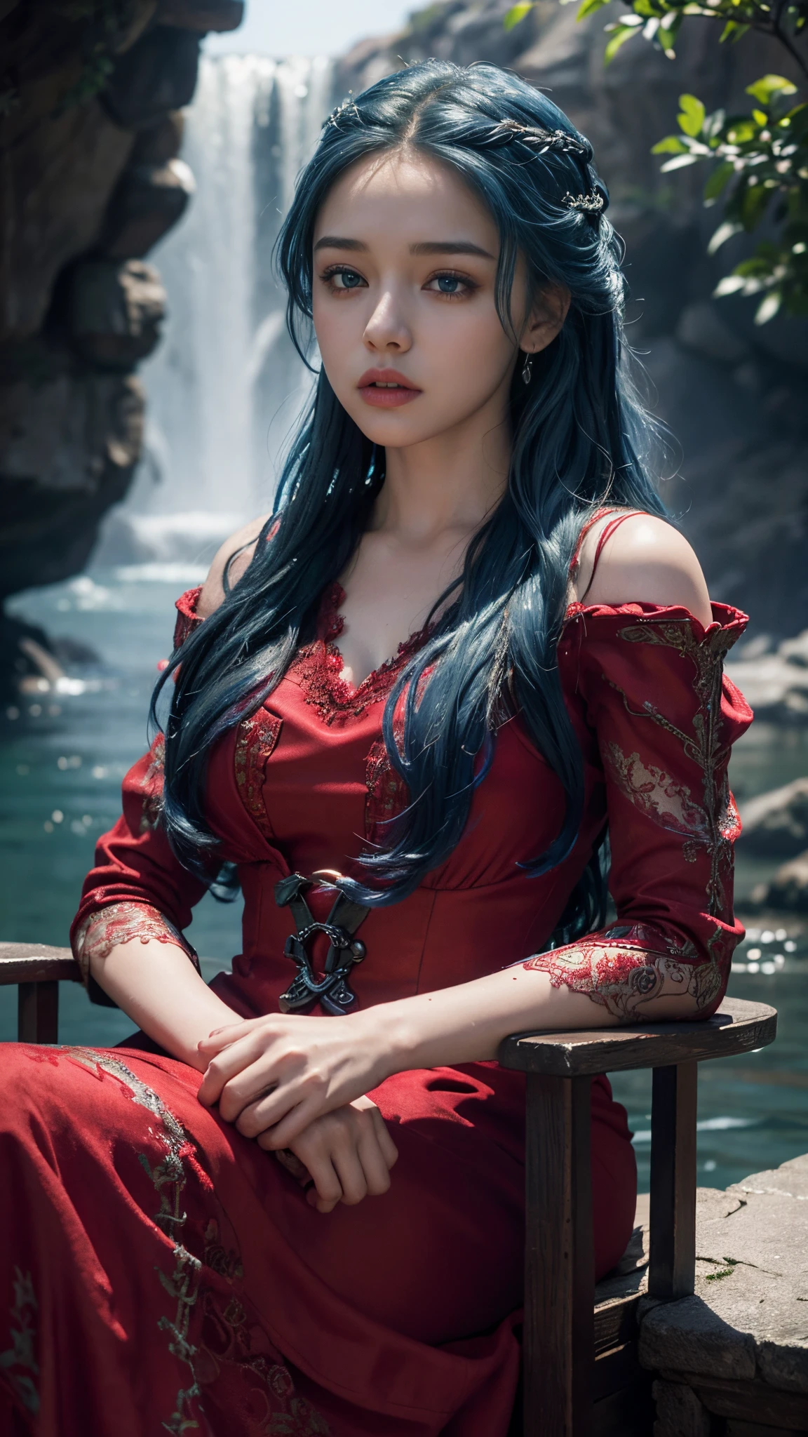 HDR 10, beautiful girl, detailed eyes, detailed lips, very long hair blue hair, ultra detailed texture, water drops, outdoors, game of thrones, red heavy dress, (high detailed red dress:1.5), lace, loops, soft lighting, sitting,