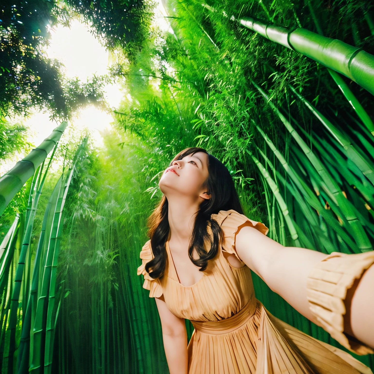 (masutepiece, Best Quality:1.2), (1girl in, Solo), 20yr old, Full body, Peach-colored dress, (A dark-haired), (Red eyes), Rabbit ears, bamboo forrest, Looking up at the night sky, fullmoon