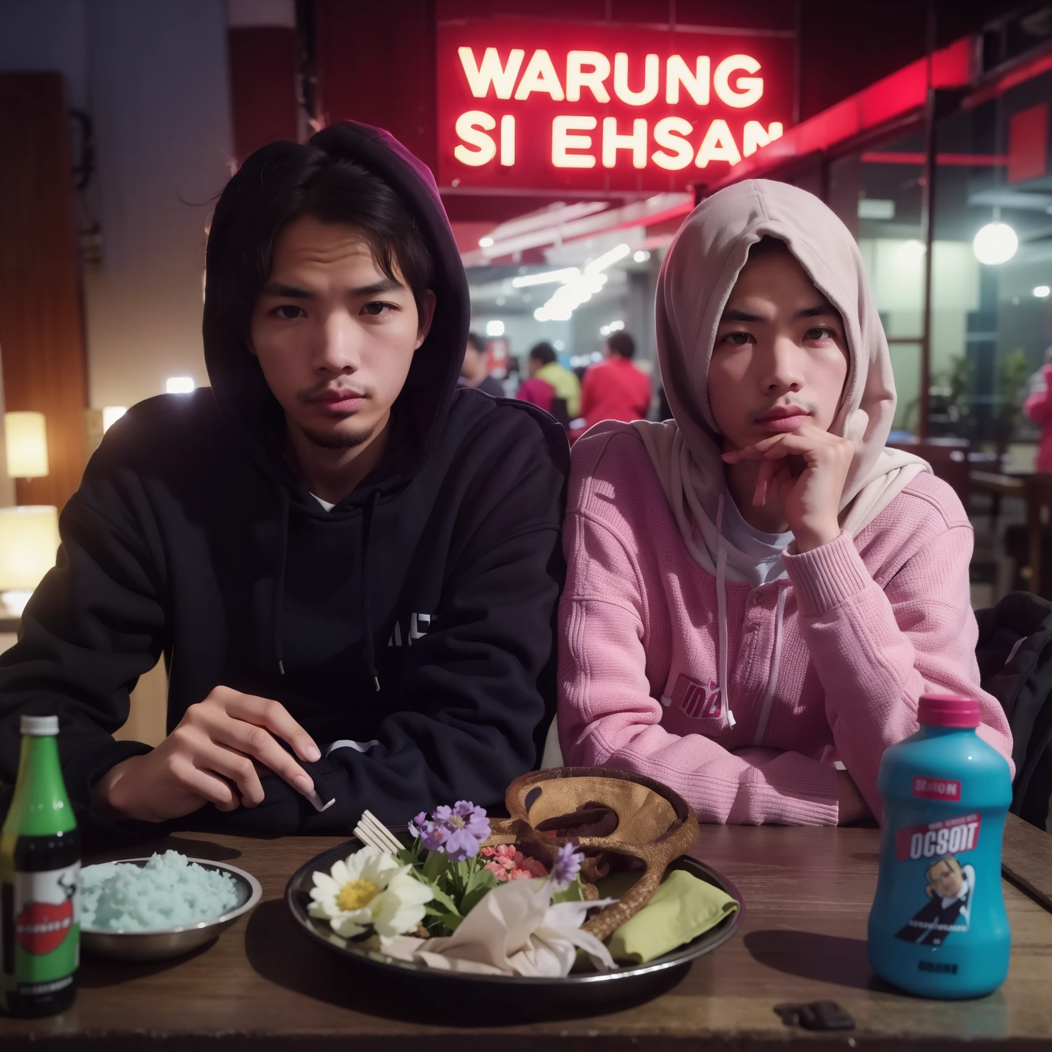 Sanx ,man, wearing jacket with hoody, short hair, glazed eyes, calm expression