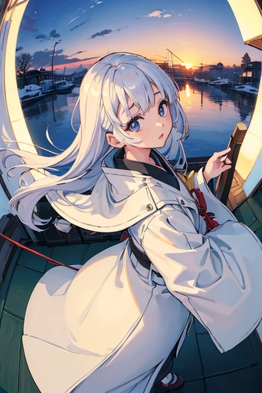 (Masterpiece: 1.5), (Top Quality), (Chill Girl: 1.5), (Solo), Winter, (Symmetry), Wide Shot, Fisheye Lens, Distant, (Japanese Fishing Port), Morning Glory, Sunrise, Dynamic Angle, Dynamic Lighting, wind, a baggy white coat over my shoulders