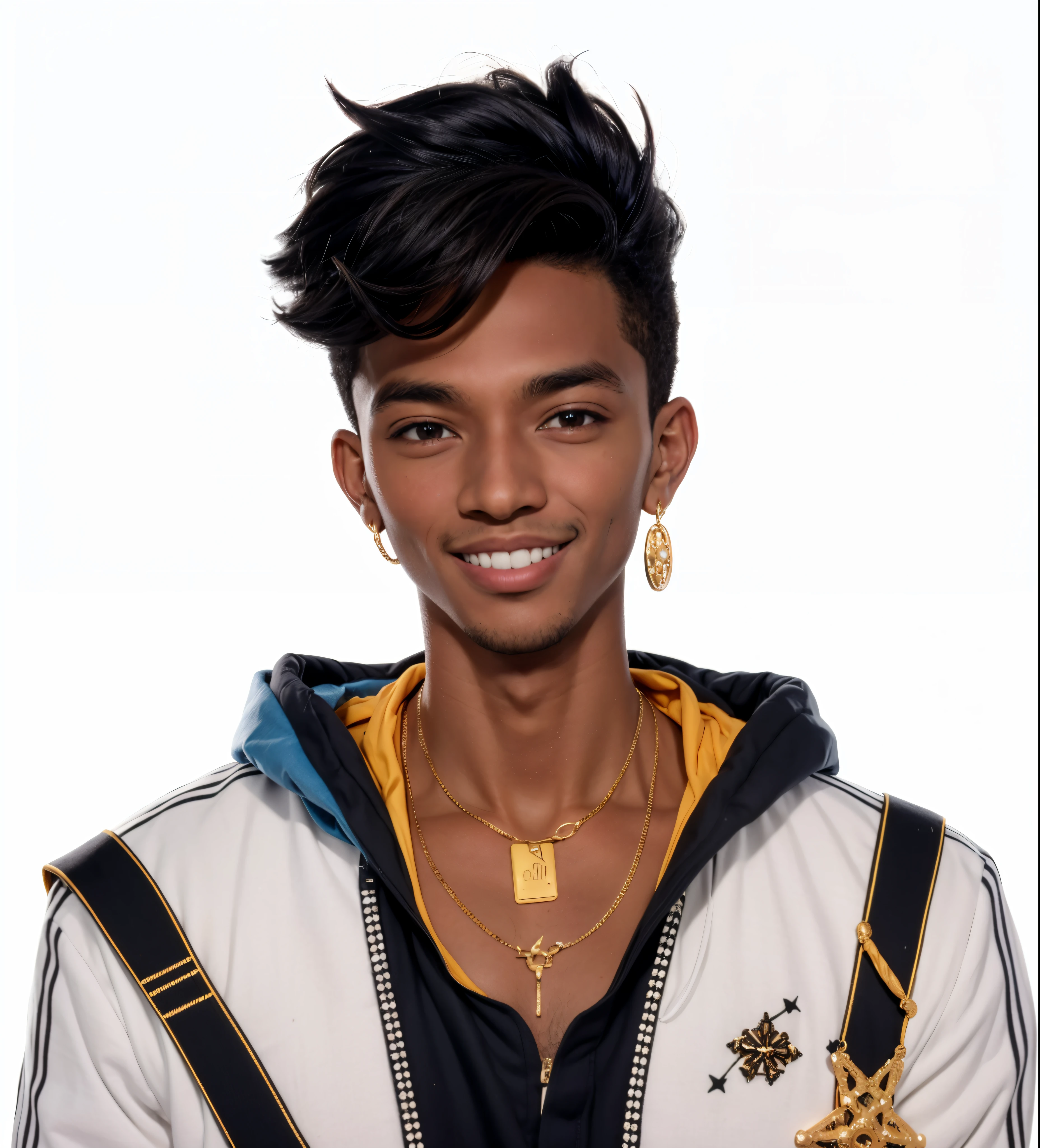 Homem de pele negra, vestindo um moletom Branco, uma camisa azul marinho com capuz, colares dourados,branco dourado na orelha, olhos laranjas,a spontaneous smile, cabelo preto, maquiagem dourada no olho direito
