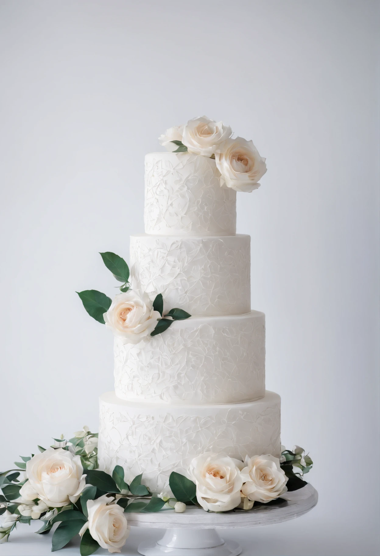 {{wedding cake}}, white, intricate icing detail,perfect, 10 tier,wedding table, rustic table,outdoor,outside, Anatomically correct,High quality, Best quality, A high resolution, wedding table background, white roses, 14mm f1/8, lattice icing, flowers on table, cut slice in foreground