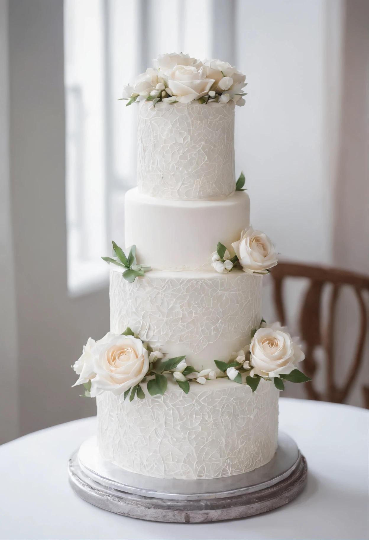 {{wedding cake}}, white, intricate icing detail，perfect, 5 tier，wedding table, rustic table，outdoor, Anatomically correct，High quality, Best quality, A high resolution, wedding table background, white roses, 14mm f1/8, lattice icing, flowers on table