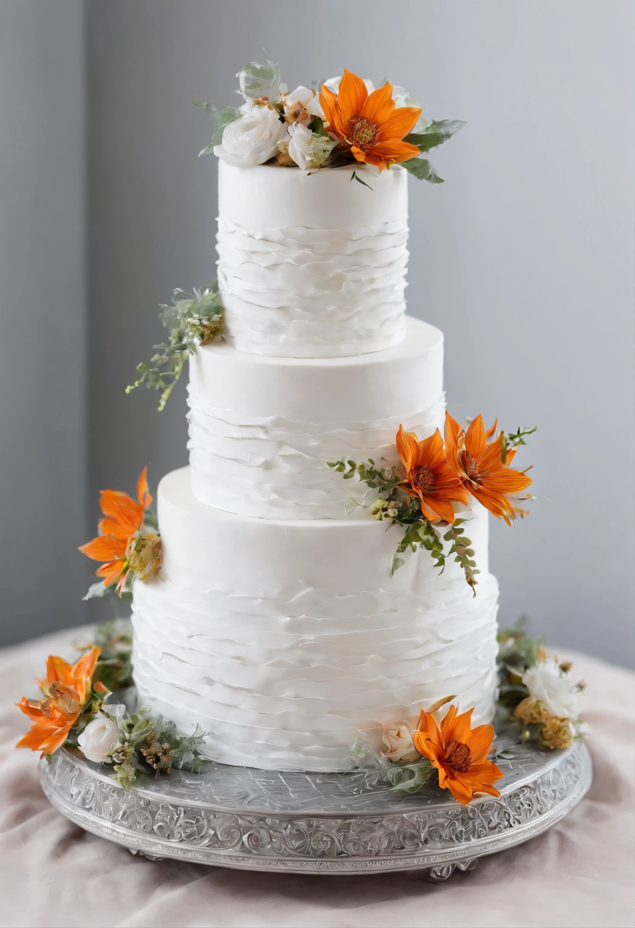 {{wedding cake}},white, intricate icing detail,perfect, 5 tier,wedding table, rustic table background,outdoor, Anatomically correct,High quality, Best quality, A high resolution, wedding table background, wild flowers