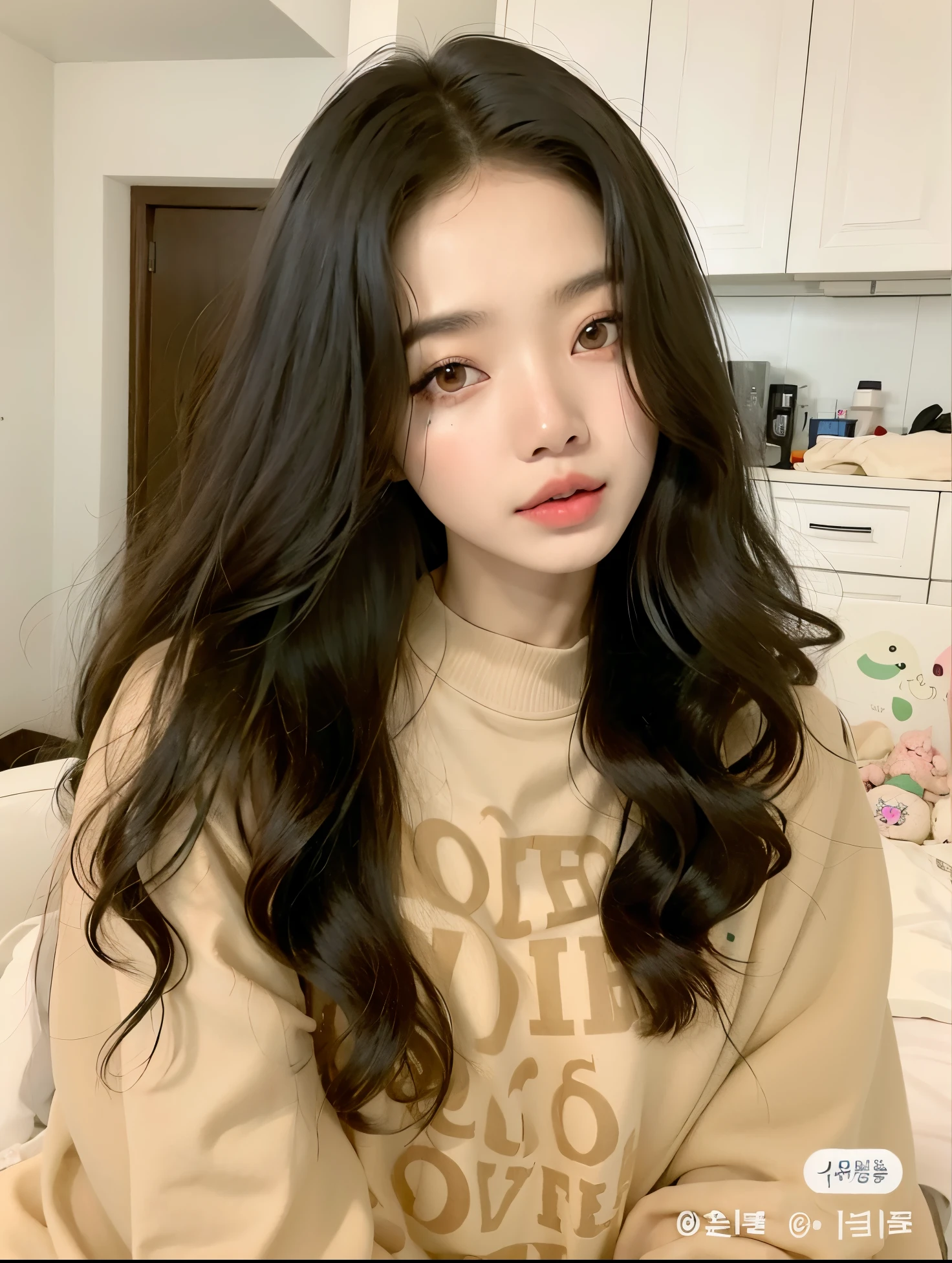 um close de uma pessoa com cabelo comprido vestindo um moletom, Ulzzang, ****** coreana, com cabelos longos, young adorable korean face, Asian girl with long hair, cabelos pretos longos ondulados, ondulado longo - comprimento cabelo preto, linda mulher coreana jovem, preto hime corte cabelo, mulher coreana jovem bonita, longos cabelos negros ondulados, com longos cabelos cacheados, Jaeyeon Nam