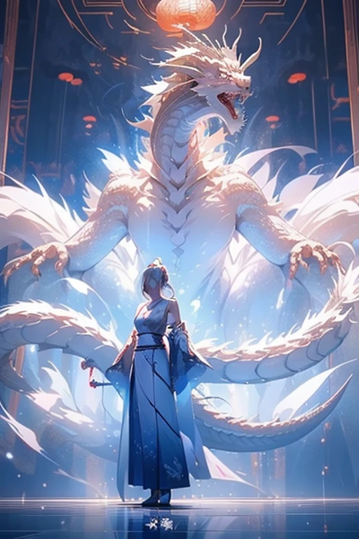 (((White Dragon)))，chinesedragon，(((Behind it is a huge Chinese dragon)))，A woman of outstanding figure，Wear a nice miniskirt，Leaking from the shoulders，jewely，amazing job，Vitreous luster,clean backdrop，High gloss，blue colors，in pink，cyan colors，red colour