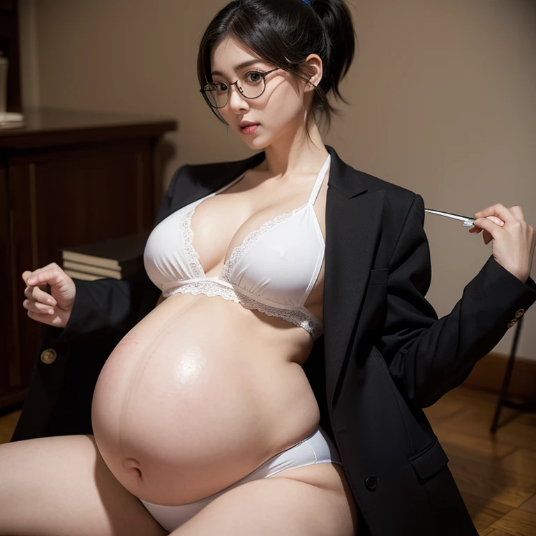 eye glass,pregnant women with,huge belly,buisness suit,solo person,Bigchest,black ponytail