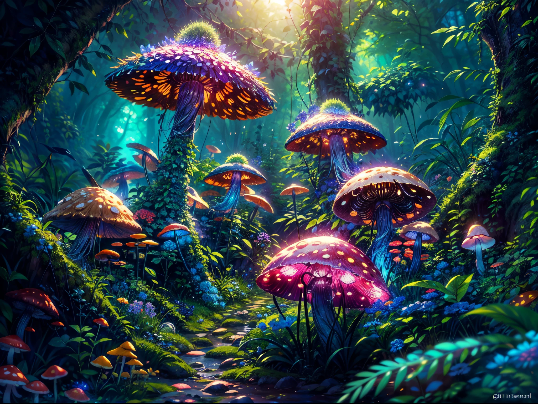 (best quality,4k,highres),(realistic:1.37),mushroom jungle,blue leaf,pink butterfly,firefly,lots of bioluminescent mushroom with different shapes and colors,mushroom land,enchanted atmosphere,vibrant and vivid colors,subtle and gentle lighting,ethereal and dreamlike scenery,surreal and magical ambiance,endless foliage,whimsical mushroom caps,glistening dewdrops,serene and peaceful environment,hidden pathways among mushrooms,delicate and intricate details,dense and lush vegetation,soft and mossy ground,fantastical and otherworldly creatures,tranquil and calm surroundings,illuminated by the glow of mushrooms,dappled sunlight filtering through the canopy,tranquility and harmony in nature,dazzling and iridescent hues,abundance of life and biodiversity,mysterious and enchanted melodies,sense of wonder and awe.