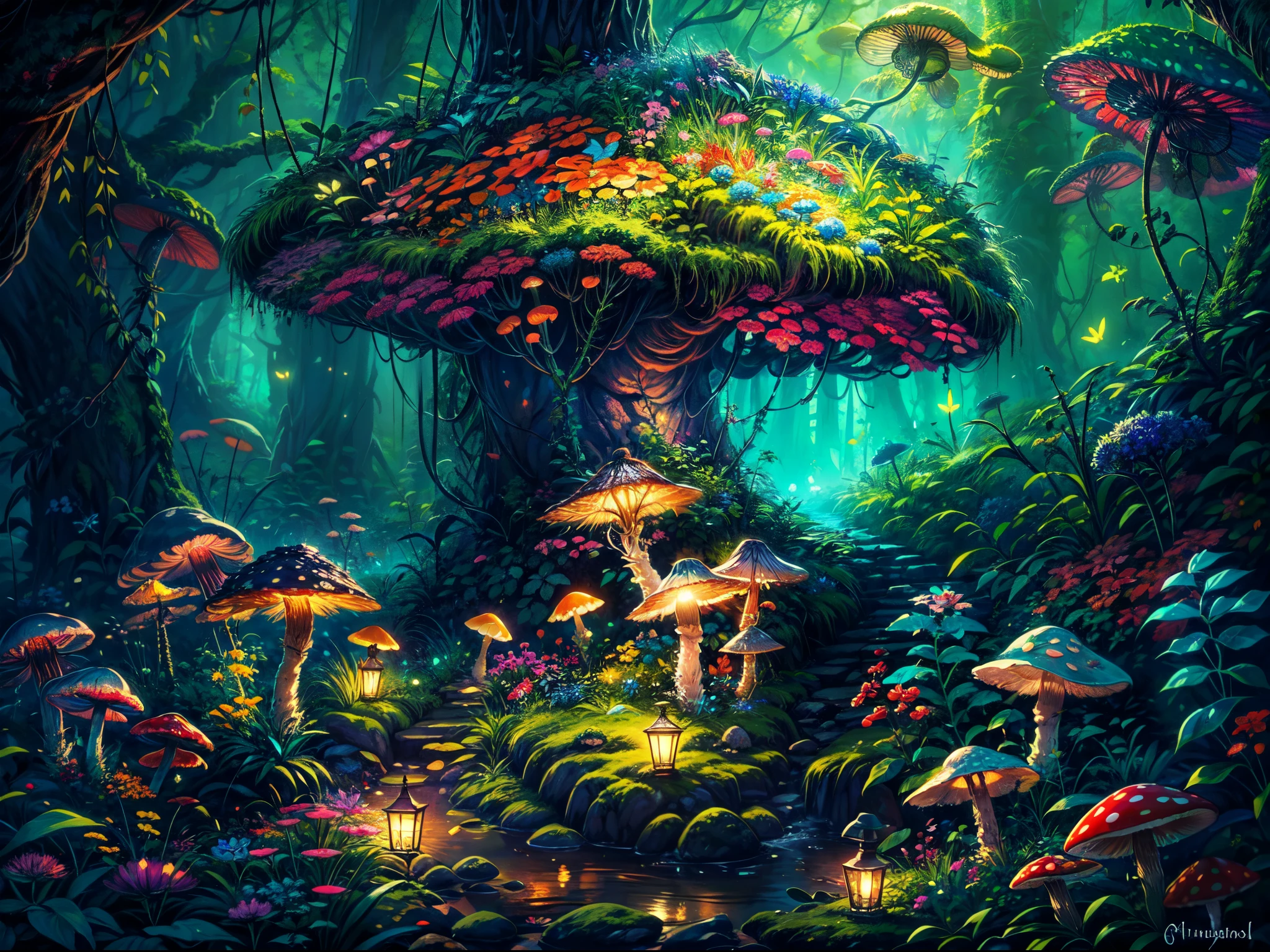 (best quality,4k,highres),(realistic:1.37),mushroom jungle,blue leaf,pink butterfly,firefly,lots of bioluminescent mushroom with different shapes and colors,mushroom land,enchanted atmosphere,vibrant and vivid colors,subtle and gentle lighting,ethereal and dreamlike scenery,surreal and magical ambiance,endless foliage,whimsical mushroom caps,glistening dewdrops,serene and peaceful environment,hidden pathways among mushrooms,delicate and intricate details,dense and lush vegetation,soft and mossy ground,fantastical and otherworldly creatures,tranquil and calm surroundings,illuminated by the glow of mushrooms,dappled sunlight filtering through the canopy,tranquility and harmony in nature,dazzling and iridescent hues,abundance of life and biodiversity,mysterious and enchanted melodies,sense of wonder and awe.