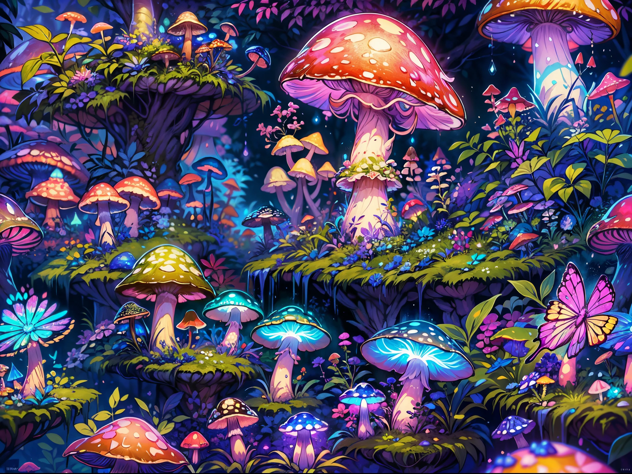 (best quality,4k,highres),(realistic:1.37),mushroom jungle,blue leaf,pink butterfly,firefly,lots of bioluminescent mushroom with different shapes and colors,mushroom land,enchanted atmosphere,vibrant and vivid colors,subtle and gentle lighting,ethereal and dreamlike scenery,surreal and magical ambiance,endless foliage,whimsical mushroom caps,glistening dewdrops,serene and peaceful environment,hidden pathways among mushrooms,delicate and intricate details,dense and lush vegetation,soft and mossy ground,fantastical and otherworldly creatures,tranquil and calm surroundings,illuminated by the glow of mushrooms,dappled sunlight filtering through the canopy,tranquility and harmony in nature,dazzling and iridescent hues,abundance of life and biodiversity,mysterious and enchanted melodies,sense of wonder and awe.