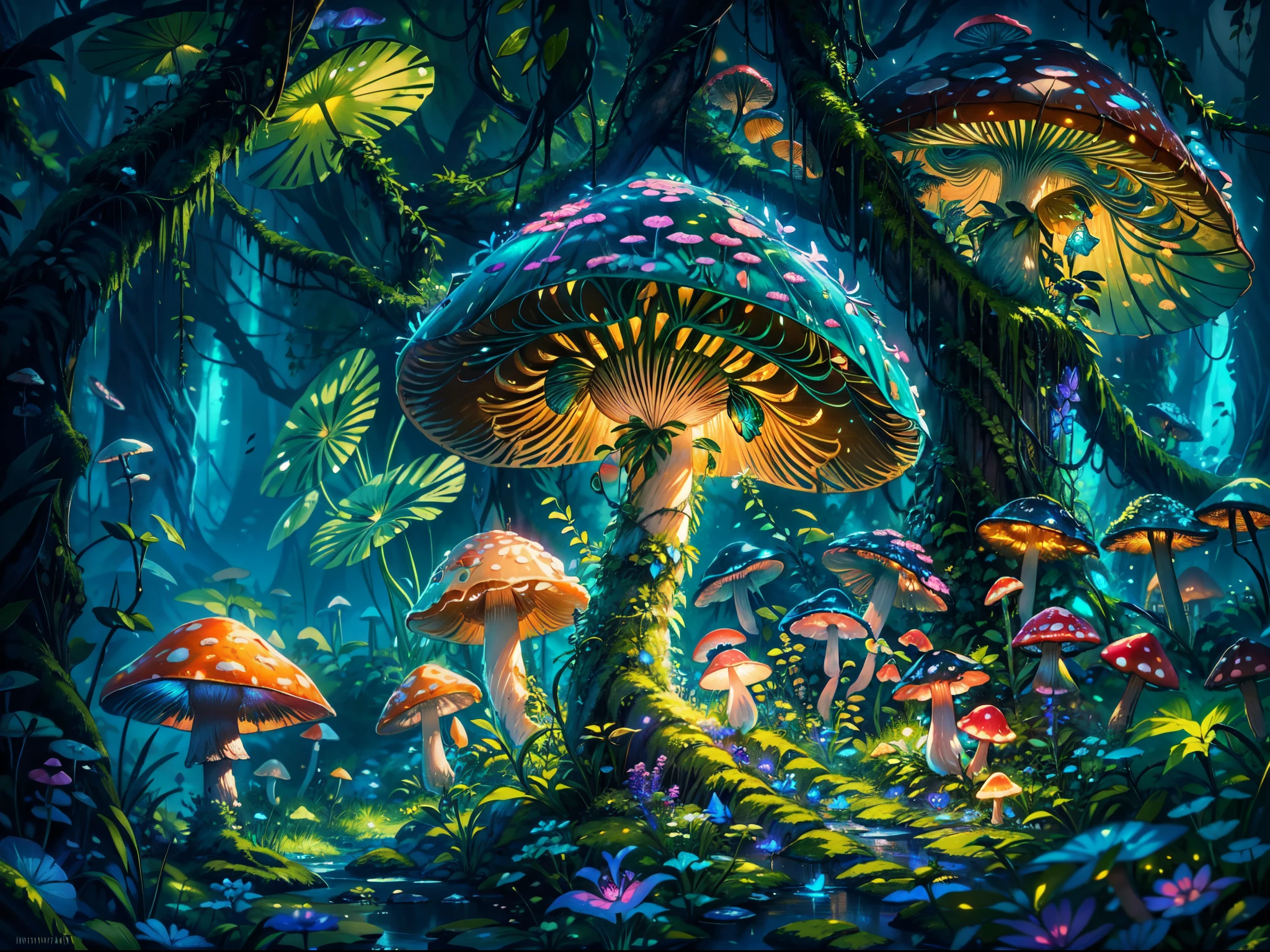 (best quality,4k,highres),(realistic:1.37),mushroom jungle,blue leaf,pink butterfly,firefly,lots of bioluminescent mushroom with different shapes and colors,mushroom land,enchanted atmosphere,vibrant and vivid colors,subtle and gentle lighting,ethereal and dreamlike scenery,surreal and magical ambiance,endless foliage,whimsical mushroom caps,glistening dewdrops,serene and peaceful environment,hidden pathways among mushrooms,delicate and intricate details,dense and lush vegetation,soft and mossy ground,fantastical and otherworldly creatures,tranquil and calm surroundings,illuminated by the glow of mushrooms,dappled sunlight filtering through the canopy,tranquility and harmony in nature,dazzling and iridescent hues,abundance of life and biodiversity,mysterious and enchanted melodies,sense of wonder and awe.