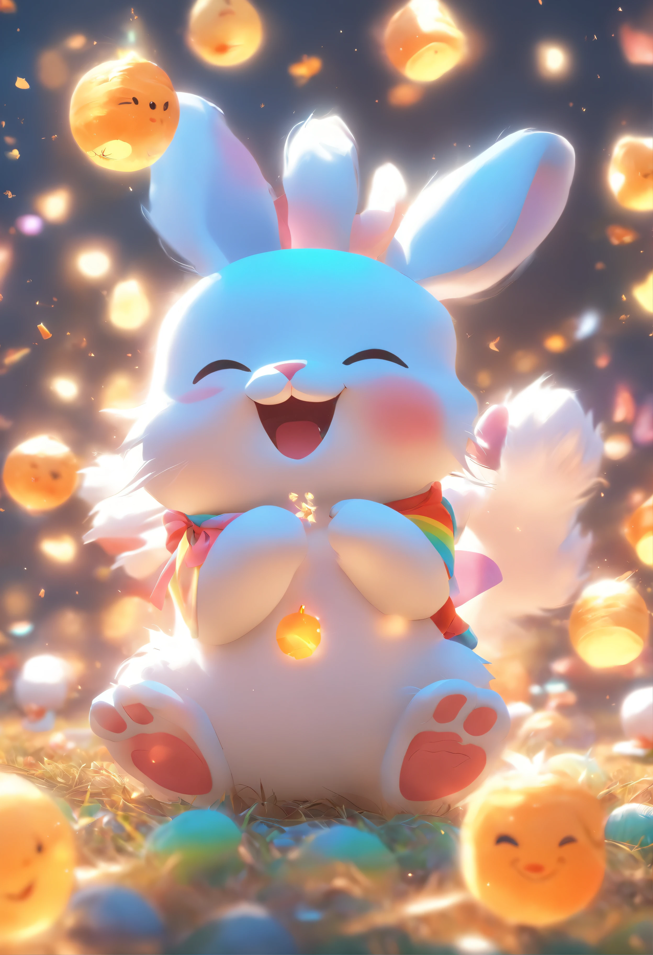 Very cute rabbit, laughing, Mid-Autumn Festival atmosphere, Silk, (Smooth texture), White body, Sitting on the ground, Looking Up, 。.3D, C4D, Best Quality, Super Detail, High quality, 4K - 3:4 - Rainbow 5,
