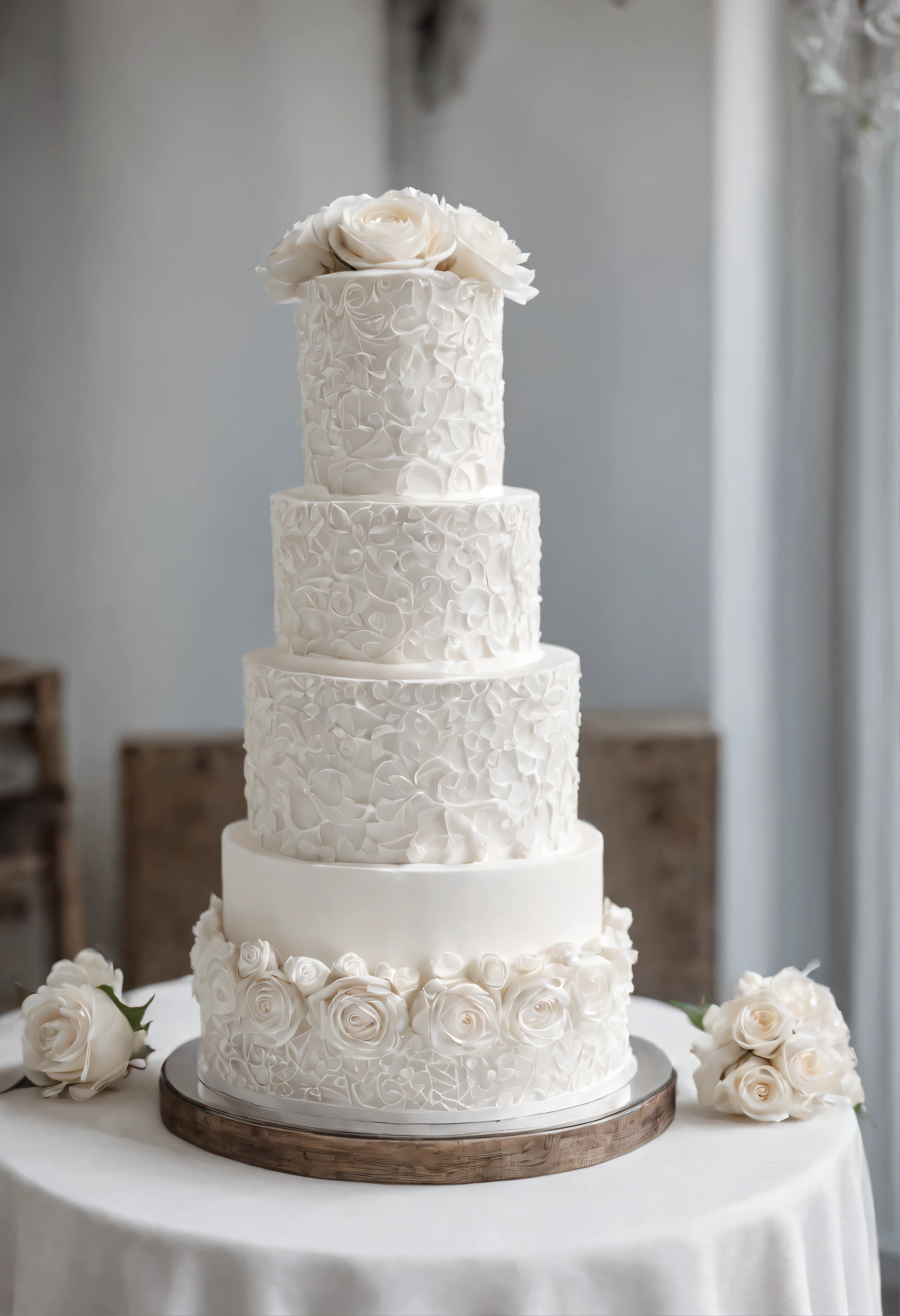 {{wedding cake}}, white, intricate icing detail，perfect, 10 tier，wedding table, rustic table，outdoor, Anatomically correct，High quality, Best quality, A high resolution, wedding table background, white roses, 14mm f1/8, lattice icing, flowers on table, cut slice in foreground