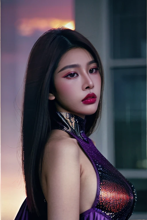 a fashion lookbook portrait of a female fashion model wearing haute couture, experimental, shot on kodak professional medium format film, liminal industrial background in, (smoke|fire works:1.05), (dawn|dusk:1.05), (spring|summer:1.05), no makeup, 1girl, large ??????, (close up:1.4), vibrant, DarkViolet,